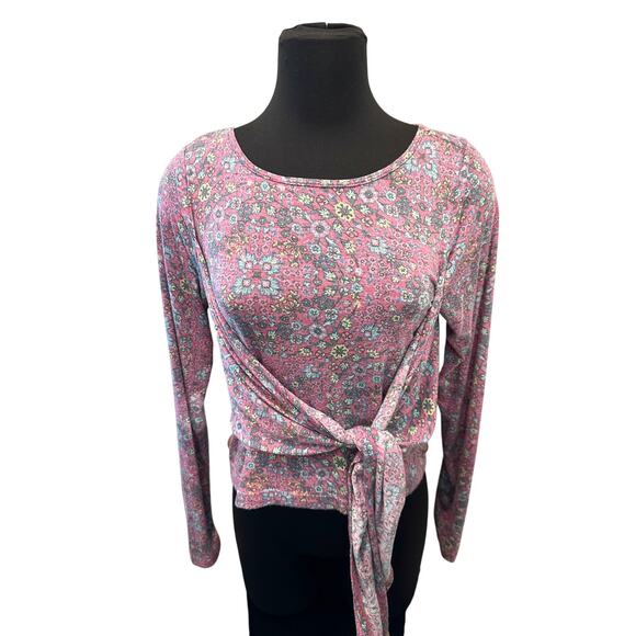 ANTHROPOLOGIE | Daily Practice Pink Floral Long Sleeve Wrap Tie Top | Medium - Picture 2 of 7